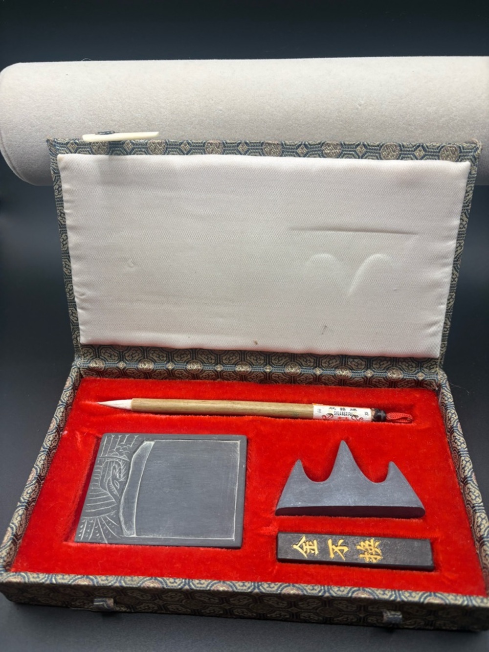 Chinese Calligraphy Brush Set with Inkstone and Rest - Red Velvet Case